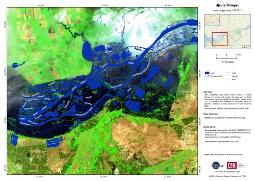 Zalane obszary po zniszczeniu zapory na Zbiorniku Kachowskim na obrazach satelitarnych